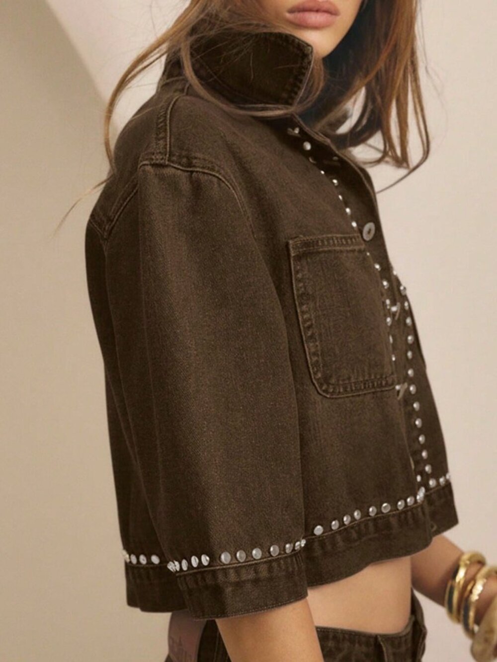 Chocolate Brown Casual Women's Studded Button Front Short Sleeve Cropped Jacket - Picture 6 of 7